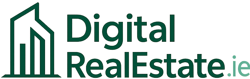 Logo for DigitalRealEstate.ie showing a modern, minimalist building outline and clean typography in green and white colors.